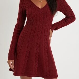 Lulus Sweetly Seasonal Burgundy Cable Knit Sweater Mini Dress Red - Size XL